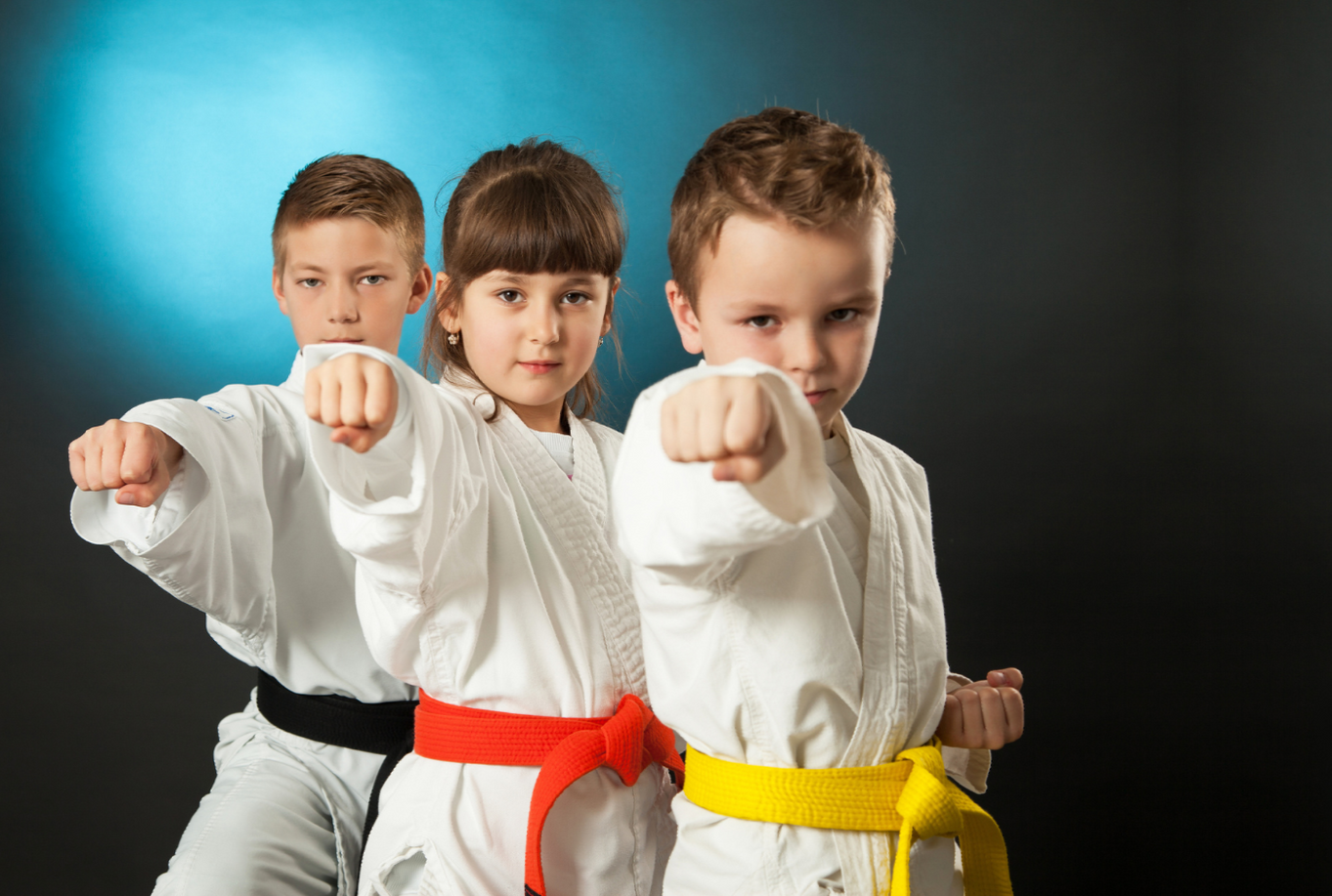 Children in karate uniforms practicing together